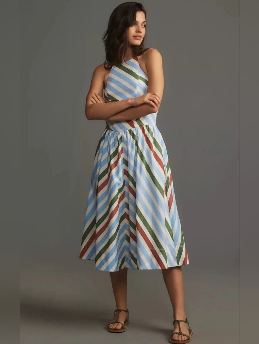 Maeve Halter Striped Cotton Midi Sundress size S